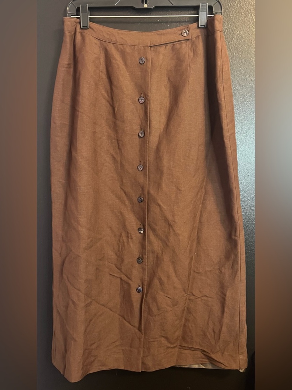 High Waist Linen Button-Front Brown Midi Skirt - Picture 2 of 3